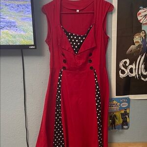Red Polka Dot Panel Sleeveless Fit-and-Flare Dress